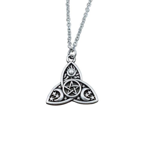 Triple Moon Goddess Triquetra Pentacle And Sun Necklace Pagan Wicca