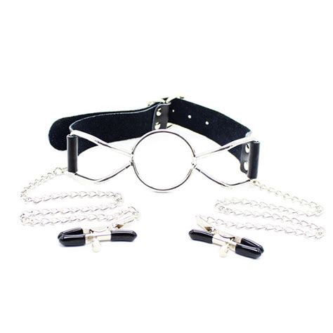 1pc Genuine Leather Bondage Open Mouth Ring Gag With Nipple Clamps Clip Force Woman Oral Sex
