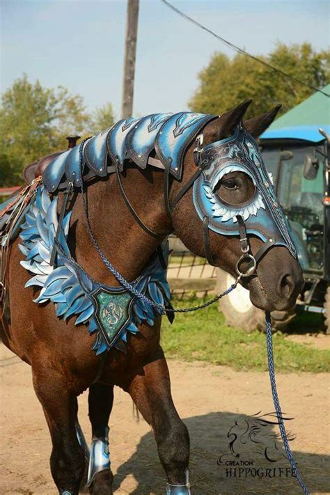 A Brown Horse With Blue Decorations On Its Face And Bridle Walking