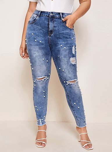 Wmns Pearl Bejeweled Faded Denim Blue Jeans Worn Holes Blue