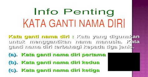 Kata ganti nama seperti yang telah diterangkan ialah perkataan yang menjadi pengganti kata nama khas dan kata nama am. Aplikasi Kata Ganti Nama Diri - Download PPT Powerpoint