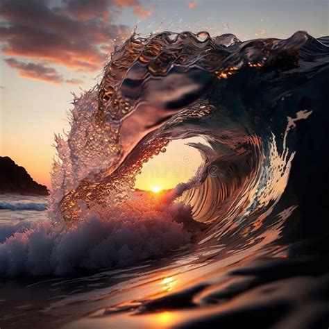 Ocean Wave Sea Water In Crest Shape Sunset Light And Beautiful Clouds