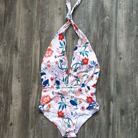 Flower Floral Print Deep V Halter Neck Womens Swimsuit Swim Suit With