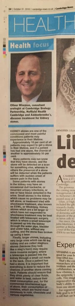 Cambridge Urology Partnership Partner Oliver Wiseman Discusses Kidney Stones In Cambridge News