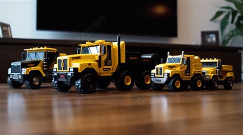 Three Toy Trucks Are On A Wooden Floor Background Picture Of Tonka