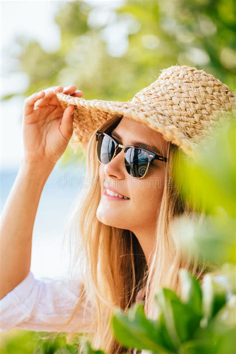 Woman In Sun Hat On The Beach Stock Image Image Of Natural Beach