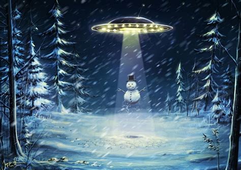 Snowman Alien Snow Painting Trees Winter Ufo Hd Wallpaper Peakpx