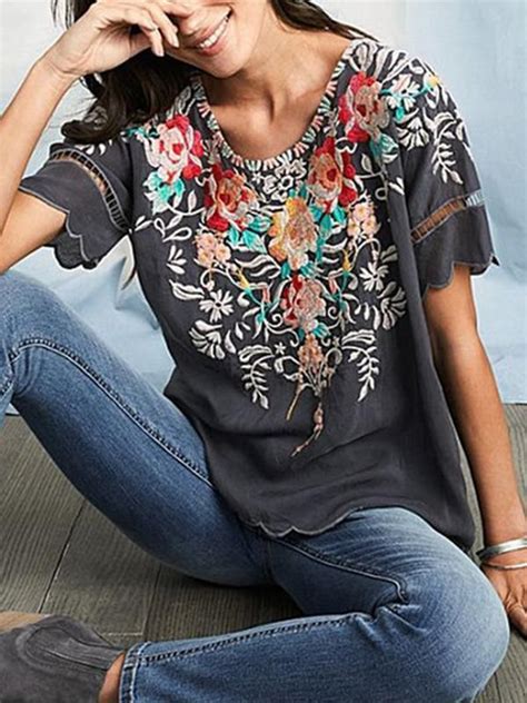 Plus Size Floral Printed Women Short Sleeve Bohemia T Shirts Kläder