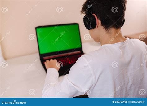 Back View Of Young Boy Play Game On Laptop Green Screen Stock Photo