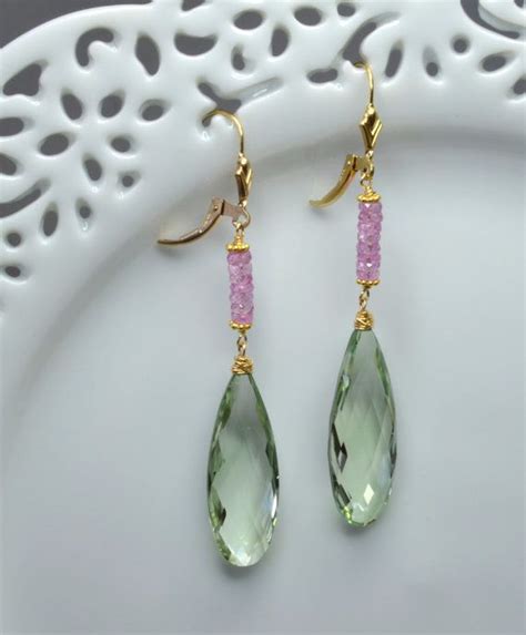 Large Green Amethyst Prasiolite And Pink Sapphire Gold Filled Earrings