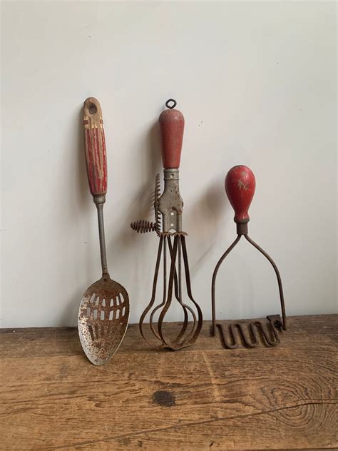 Vintage Red Wood Handle Rusty Kitchen Utensil Set Beater Etsy