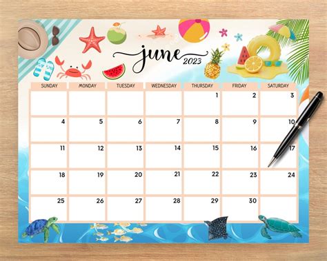 Editable June 2023 Calendar Joyful Summer Beach And Sea Etsy