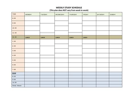 Weekly Study Schedule Template This Plan Does Not Vary From Week To
