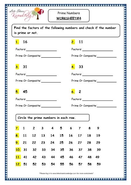 Grade 4 Maths Resources 111 Prime Numbers Printable Worksheets