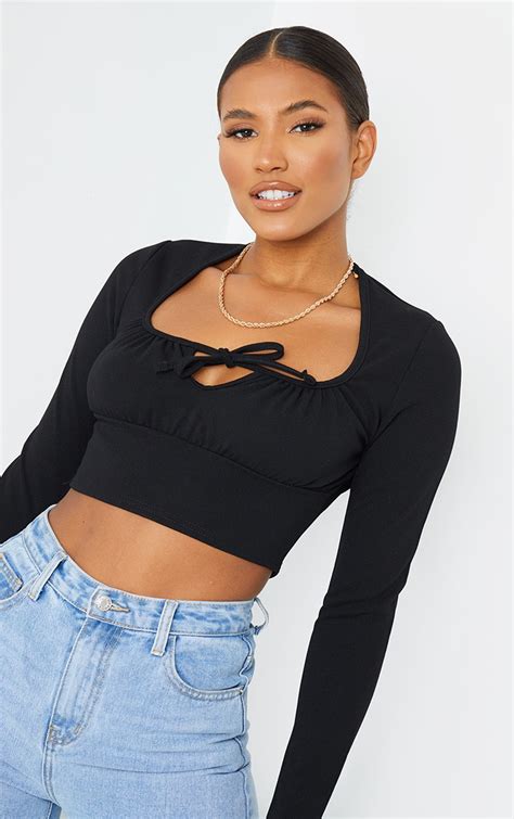 Black Long Sleeve Tie Front Crop Top Tops Prettylittlething Usa