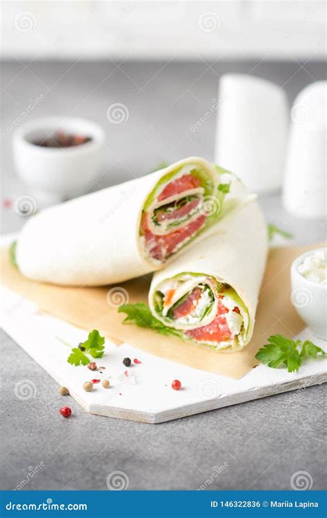 Tortilla With Salmon Lettuce And Cream Cheese Delicious Snack Wraps