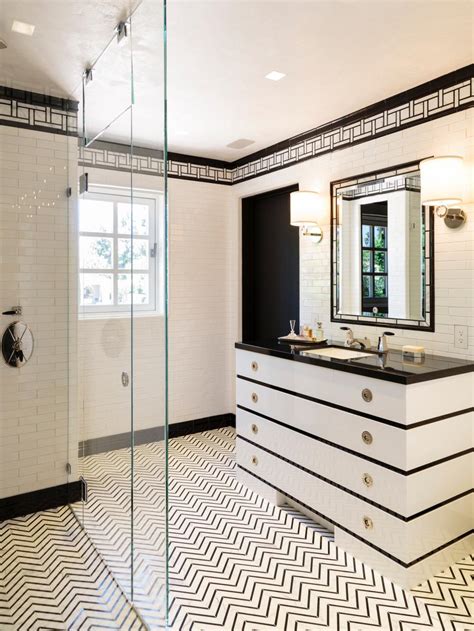 Dramatic Black And White Bathroom With Chevron Patterned Floor Hgtv