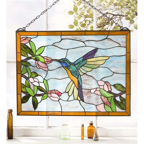 Stained Glass Hummingbird Window Panel With Metal Frame And Chain