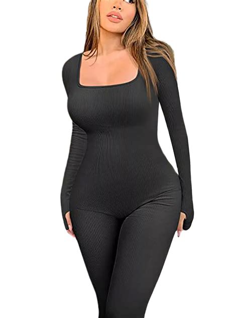 Calsunbaby Women Ribbed One Piece Jumpsuits Long Sleeve Square Neck