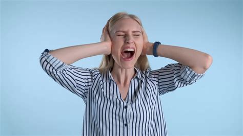 Scared Desperate Woman Screaming And Covering Ears On Blue Background Free Hot Nude Porn Pic
