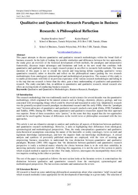Qualitative research papers are very clinical and not much on personality, but their importance is immeasurable. (PDF) Qualitative and Quantitative Research Paradigms in Business Research: A Philosophical ...