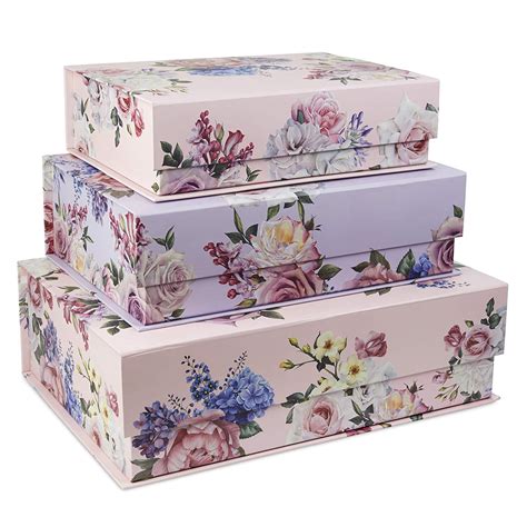 Buy Set Of 3 Nesting Hinged Lid Storage Boxes Floral Rose Print