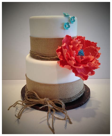 Rustic Burlap Coral And Turquoise Wedding Cake Wedding Time