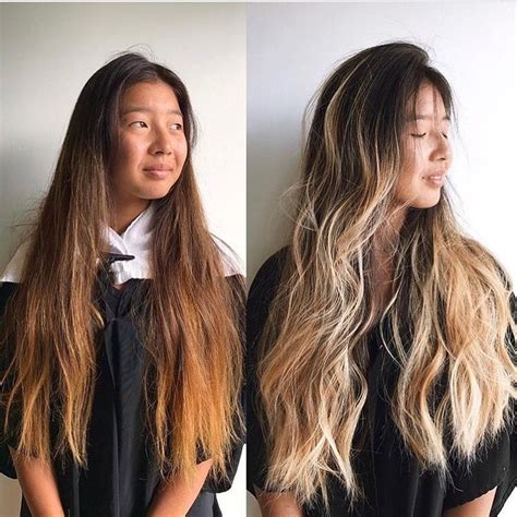 Asian Hair Blonde Balayage Highlights Dark Roots Ombré Long