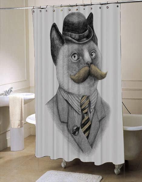 Cat Kitty Dapper Mustache Siamese Vintage Grey Shower Curtain
