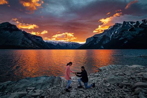 Beautiful Proposal During The Sunrise At Lake Minnewanka Banff
