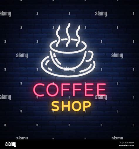 Coffee Neon Sign Logo Vector Illustration Emblem In Neon Style Bright