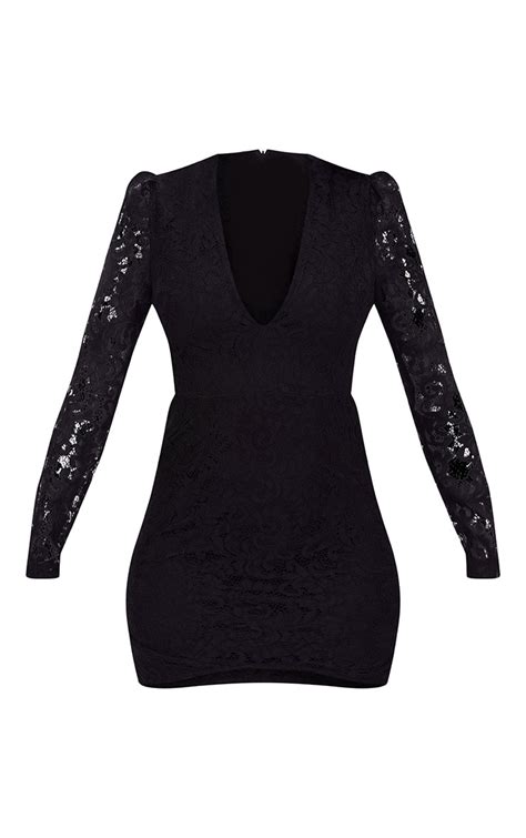 Black Plunge Long Sleeved Lace Bodycon Dress Shop The Range Of Dresses Today At