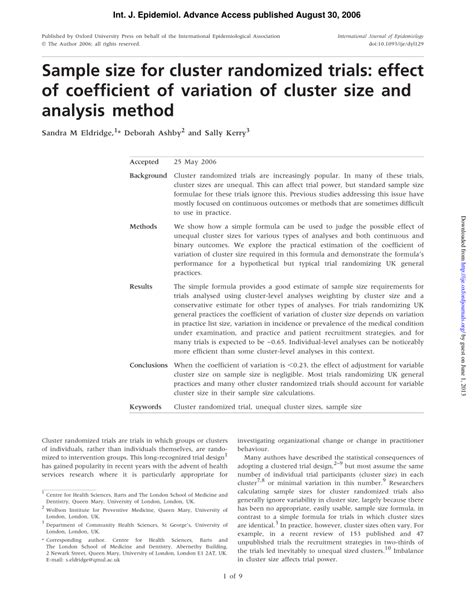 PDF Sample Size For Cluster Randomized Trials Effect Of Coefficient Of Variation Of Cluster
