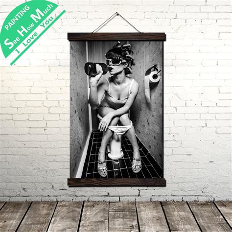 Girl Bottle Toilet Scroll Painting Canvas Vintage Poster