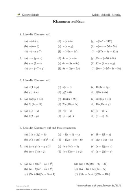 Textaufgaben, sachaufgaben zu linearen gleichungen mit lösungen: Aufgaben Klammern auflösen mit Lösungen | Koonys Schule #3336