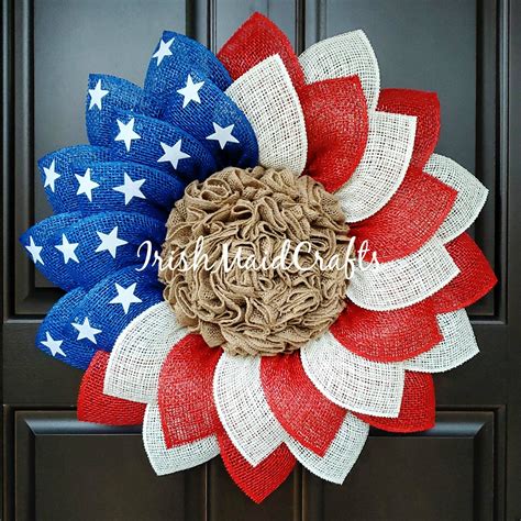 Patriotic Flag Americana Poly Burlap Flower Wreath 4th July Etsy In