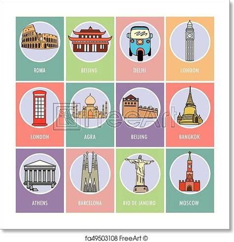 Famous Attractions Of The World Set Icons Or Cards Famous