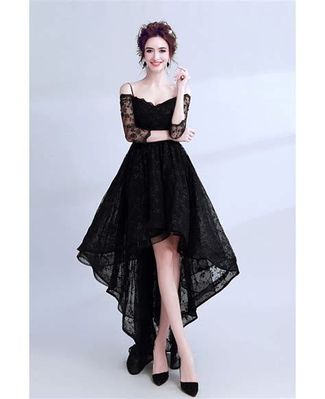 High Low Black Lace Prom Dress Sleeved With Spaghetti