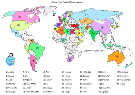 Coğrafyanın Kodları Dünya Dilsiz Haritası 3 Önemli Ülkeler Renkli