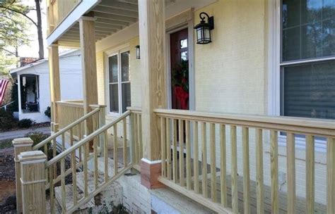 Wooden slat boards are constructed horizontally around the entire porch. Cheap Porch Railing Ideas Handrails Home Depot Luxury ...