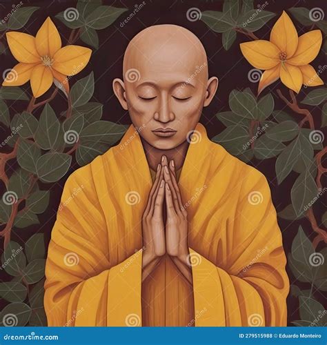 Buddhist Monk With Hands Folded In Prayer Vector Illustration Stock