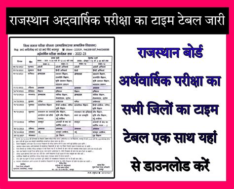 Rajasthan Board Half Yearly Exam Time Table 2022 राजस्थान बोर्ड की ओर