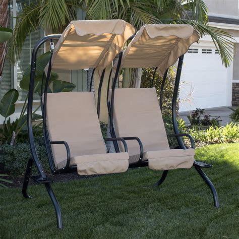 Patio sunbed can be rolled into position and offers fully suspended support on a sturdy powder coat protected metal frame. NEW Outdoor Double-Swing Set (2)-Person Canopy Patio ...