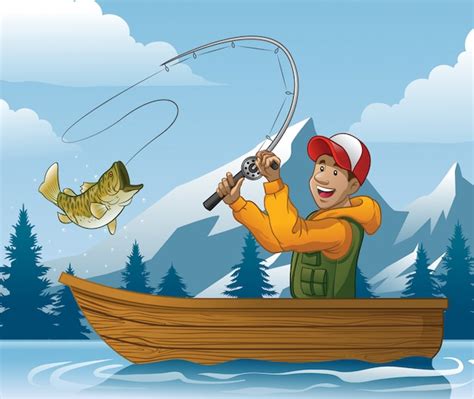 Caricatura De Hombre Pescando En El Barco Vector Premium