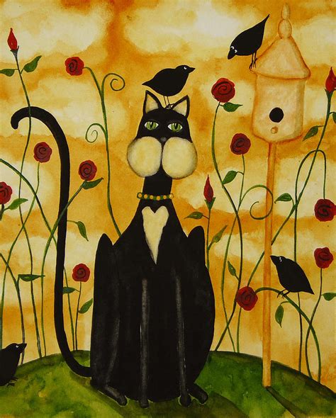 Hubbs Art Folk Prints Whimsical Birds Crow Blackbirds Cat Flowers
