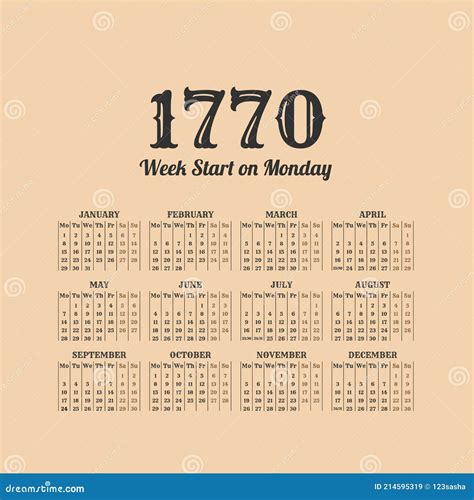 Historic Vector Calendar Of 1770 Start On Monday Stock Vector