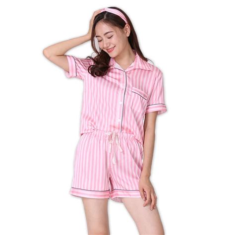 Sexy Silk Satins Pink Stripe Short Pajamas Sets Women Short Sleeves Elegant Pyjamas For Women