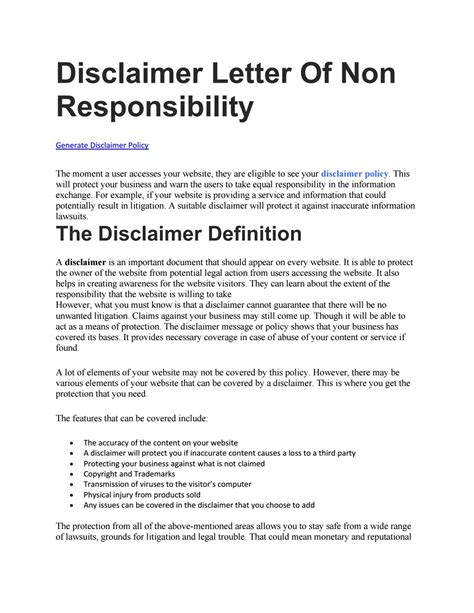 Disclaimer Letter Of Non Responsibility By Jofraarcher Issuu
