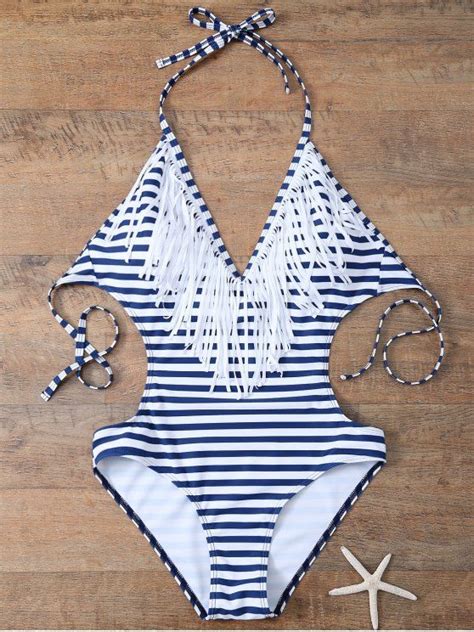 Striped High Cut Tassels One Piece Swimwear Blue And White S Mobile