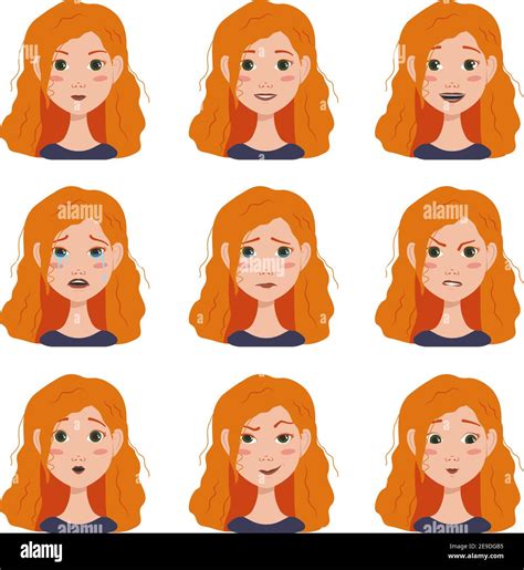 Set Of Facial Expressions Avatars Woman With Red Hairs With Different